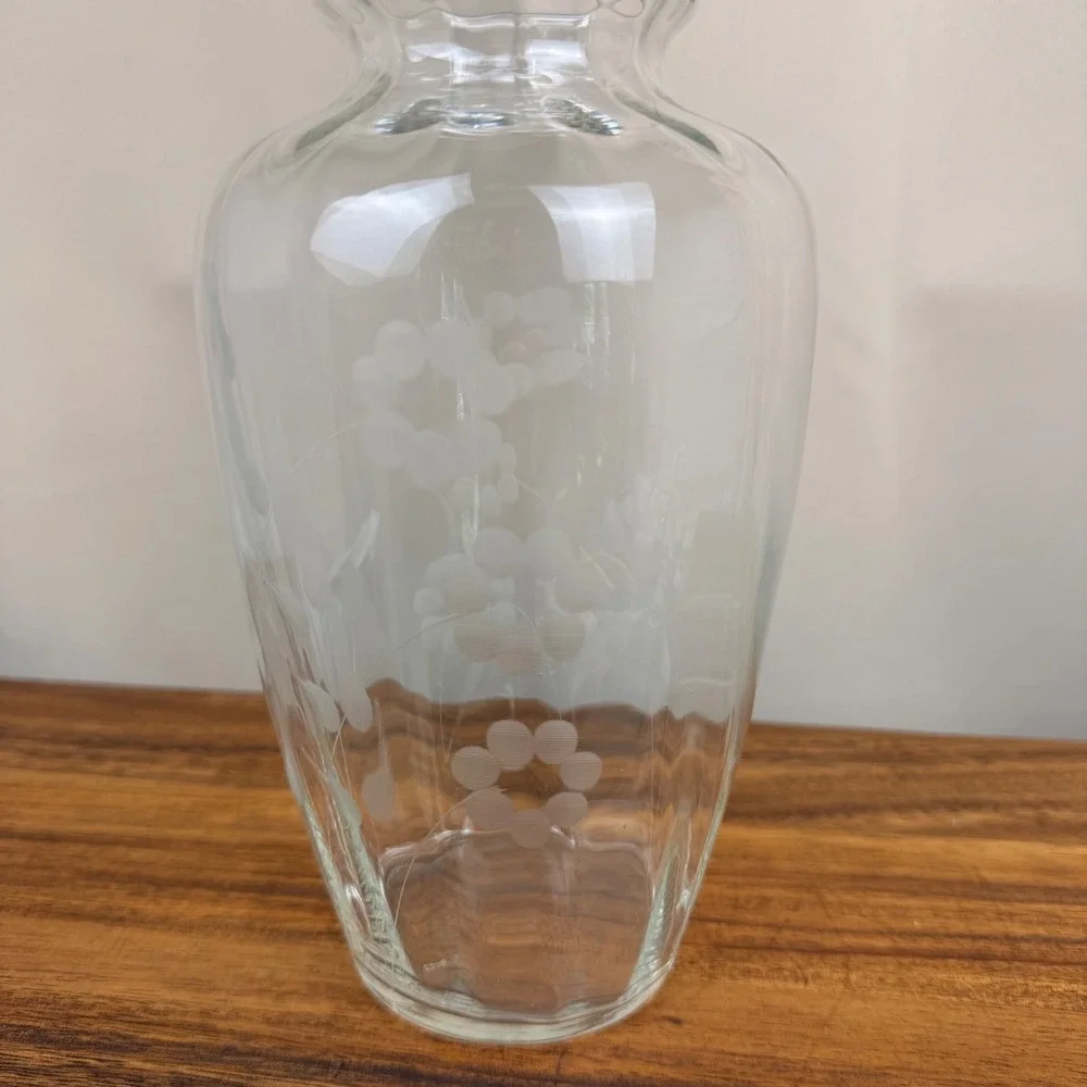 Vintage Hand Blown Optic Glass Vase Etched Floral Scalloped Rim Clear 8 inch